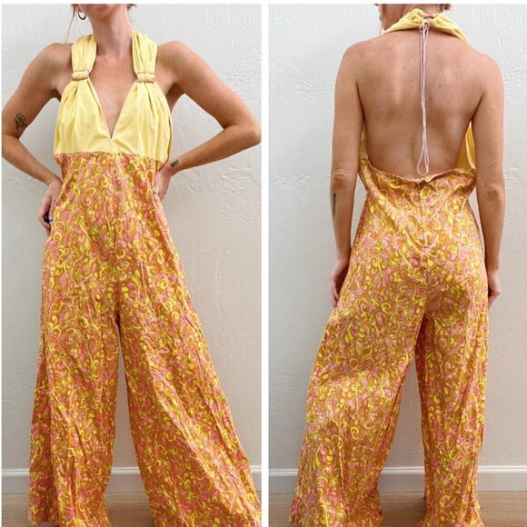 Vintage 1970's Groovy Yellow Pink Printed Wide Leg Halter Jumpsuit - Picture 3 of 4